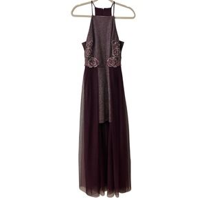 Social Couture Halter Neck Glitter Tulle Overlay Dress Burgundy Size 5/6